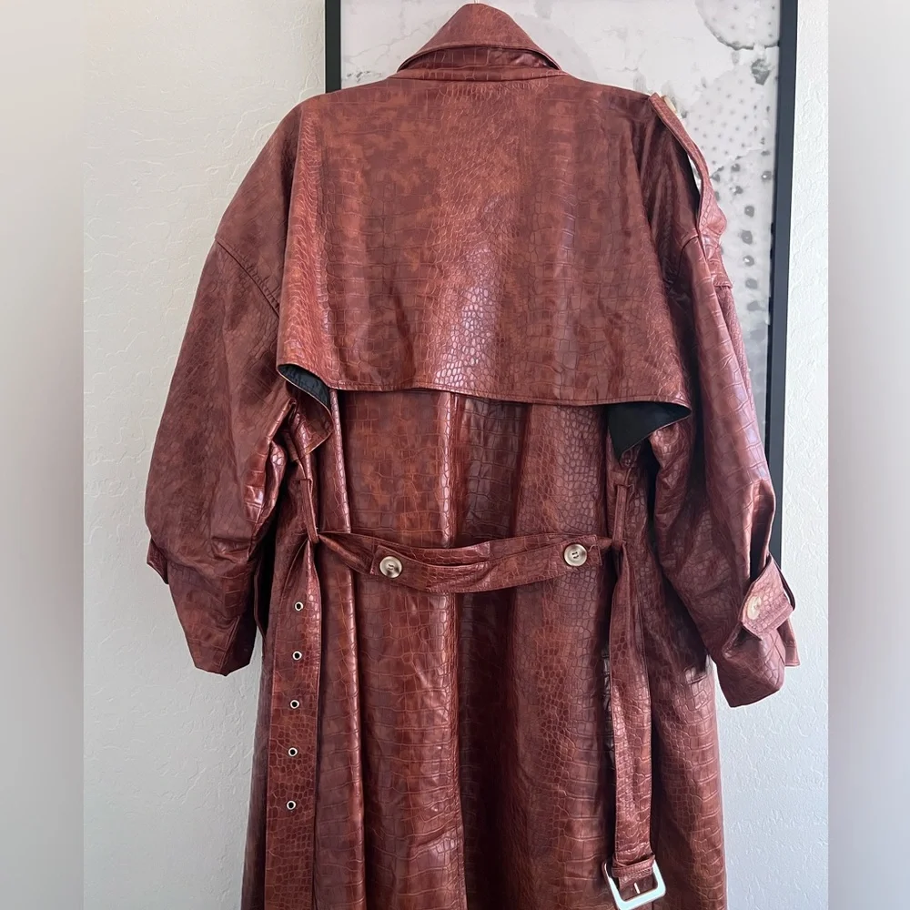 Nasty Gal Brown Oversized Faux Leather Croc Embossed Trench Coat XXL - Picture 11 of 12